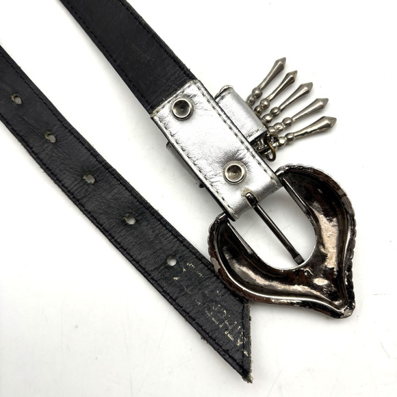 Vintage 80s 90s LEATHEROCK Silver Leather Dangle Buckle Jeweled Waist Belt 25-29 - Picture 10 of 15